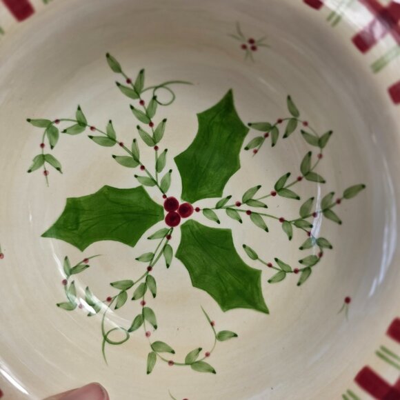 Los Angeles Pottery Laurie Gates Holiday Soup Bowl Green & Red Holly & Plaid - Picture 10 of 15